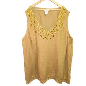 Soft Surroundings Pale Wheat color Embellished Linen Tunic Bohemian 2XL
